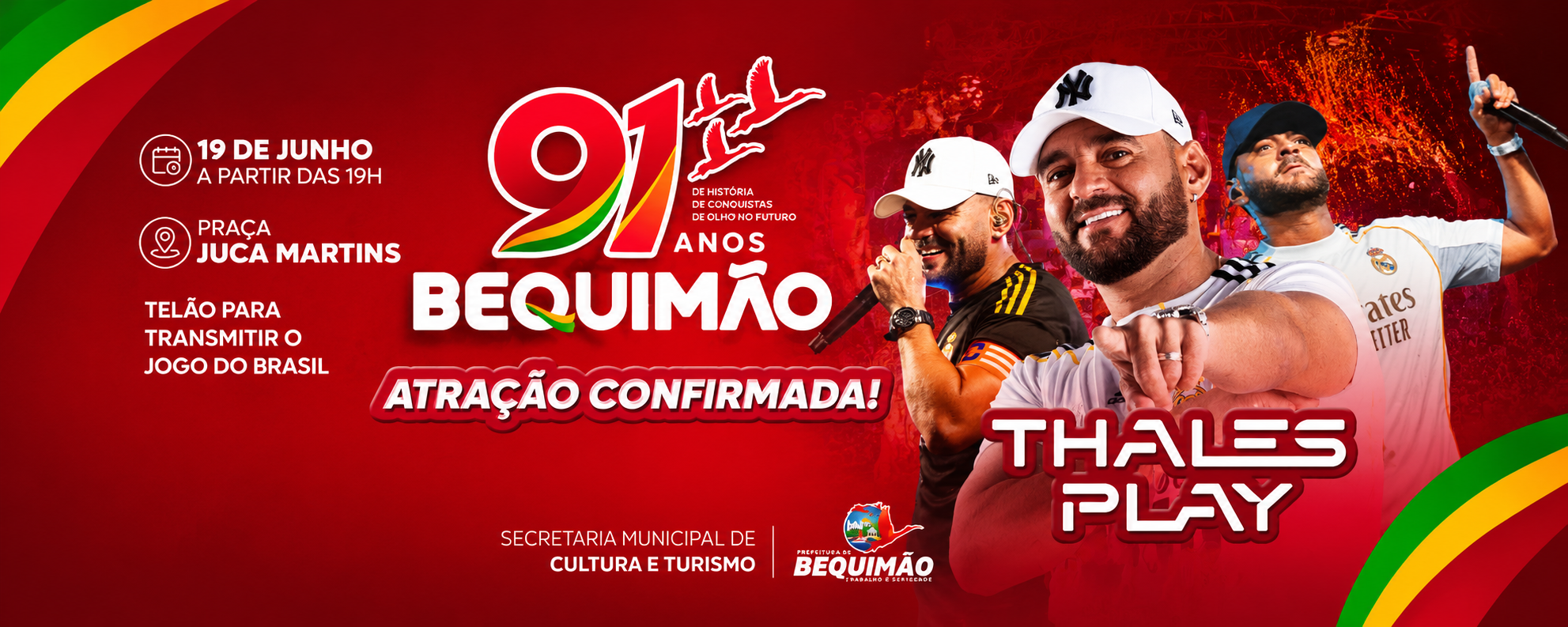 #Bequimão91Anos: Thales Play é a atração confirmada da festa de aniversário de Bequimão; programação terá telão para transmissão do jogo do Brasil